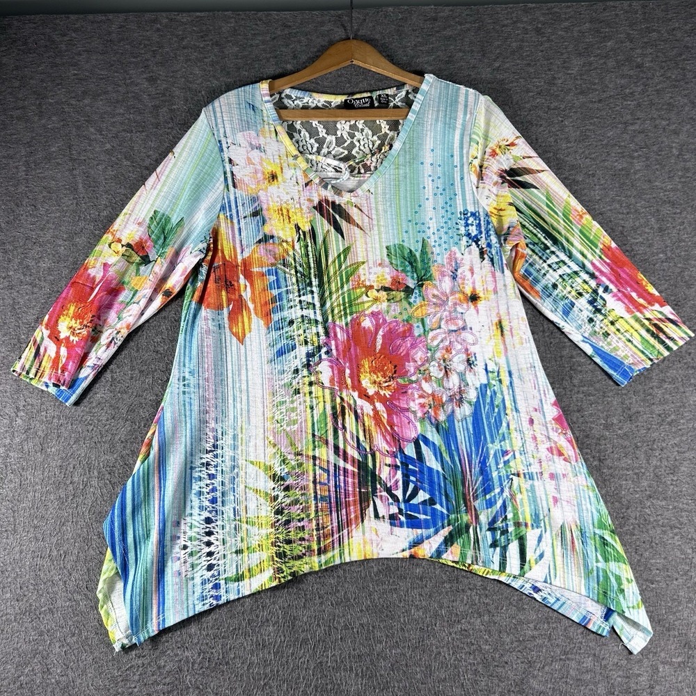 Women's Colorful Floral Sequin Asymmetrical Hem Blouse Top Size XL Coastal Lace
